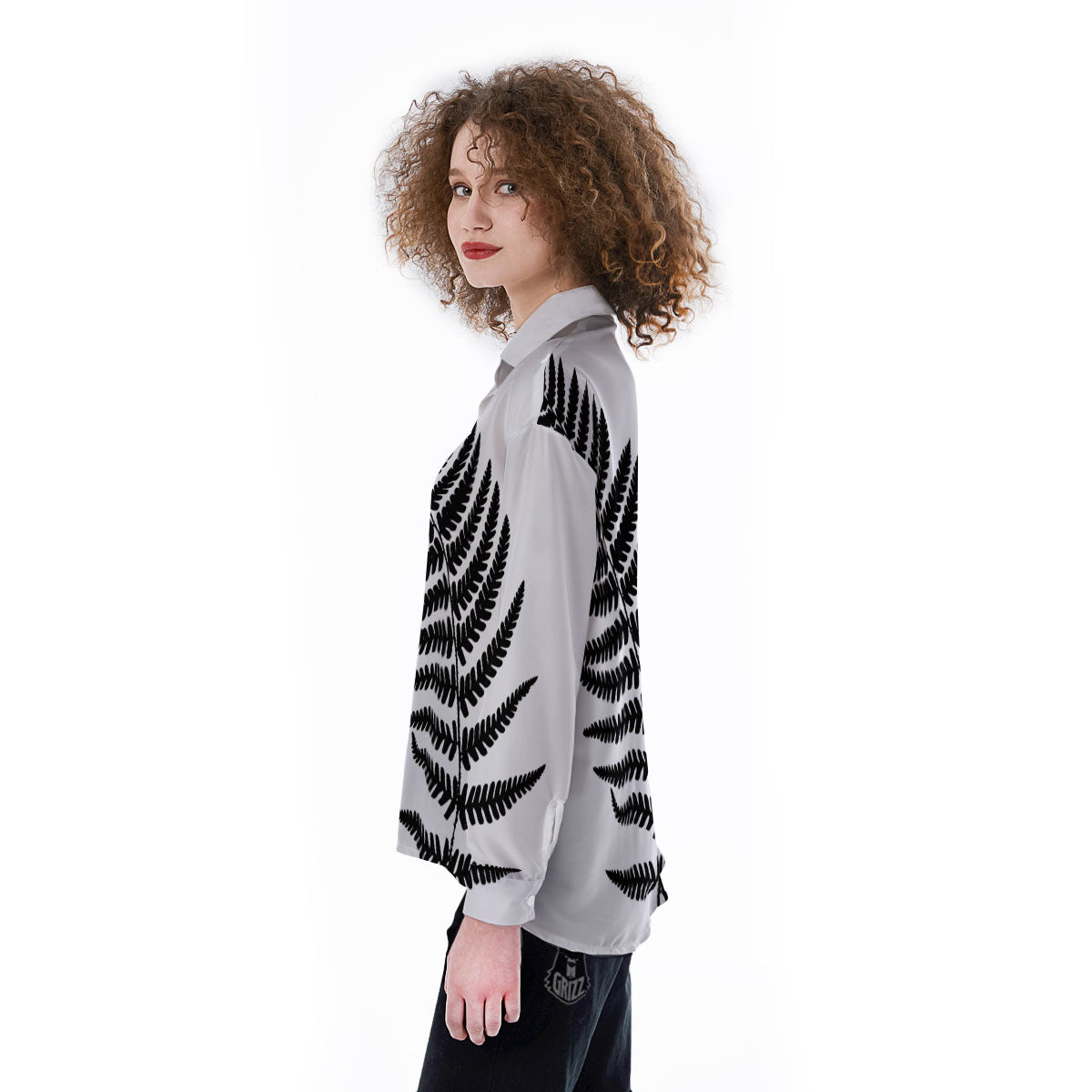 Fern Leaf White And Black Print Women's Long Sleeve Shirts-grizzshop