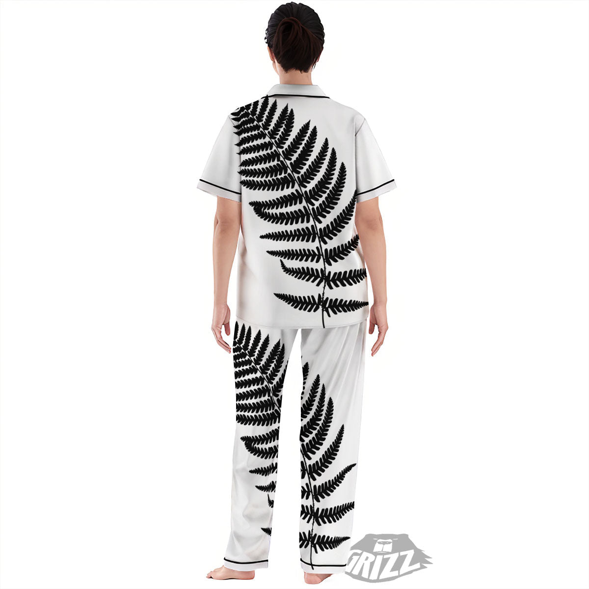 Fern Leaf White And Black Print Women's Pajamas Set-grizzshop