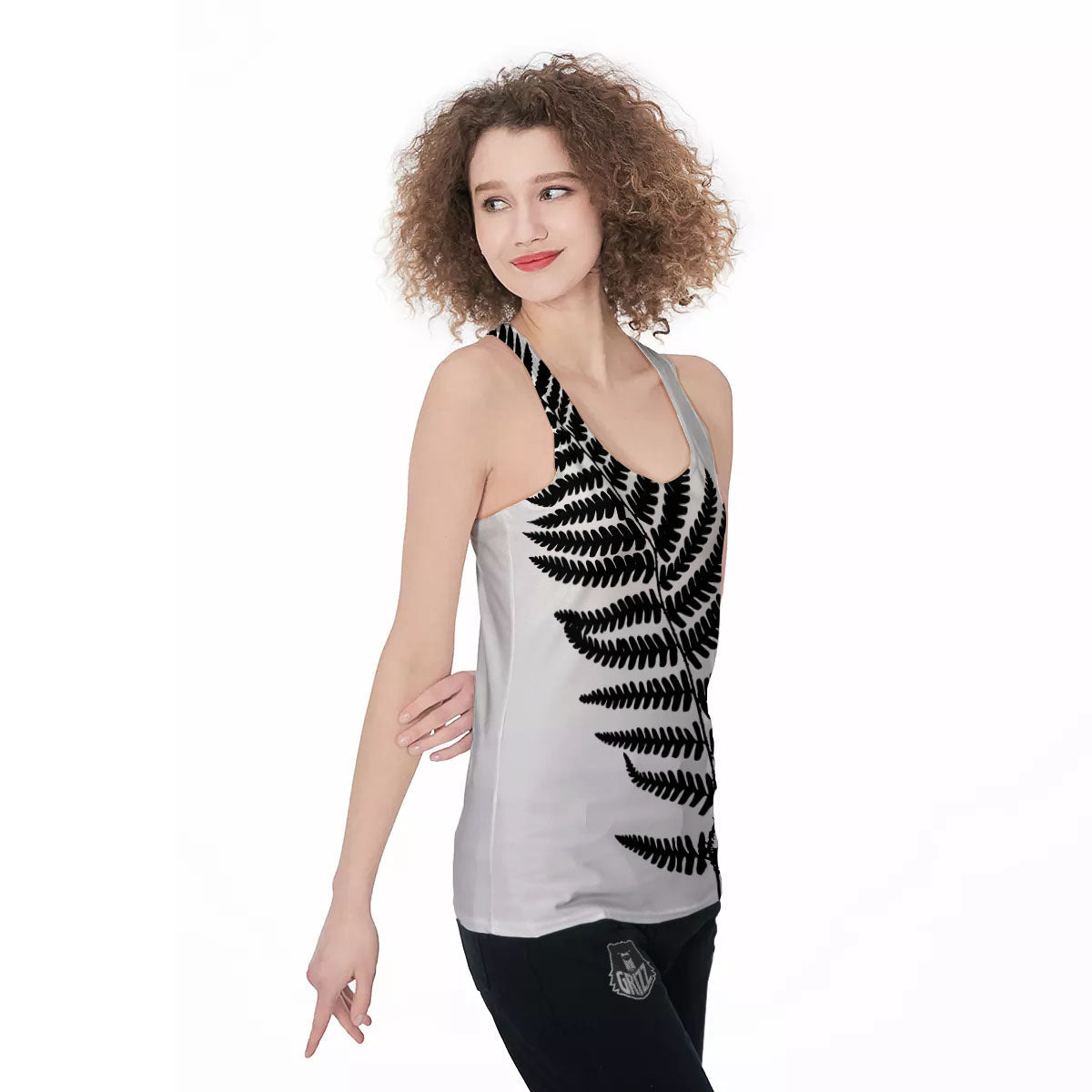 Fern Leaf White And Black Print Women's Racerback Tank Top-grizzshop