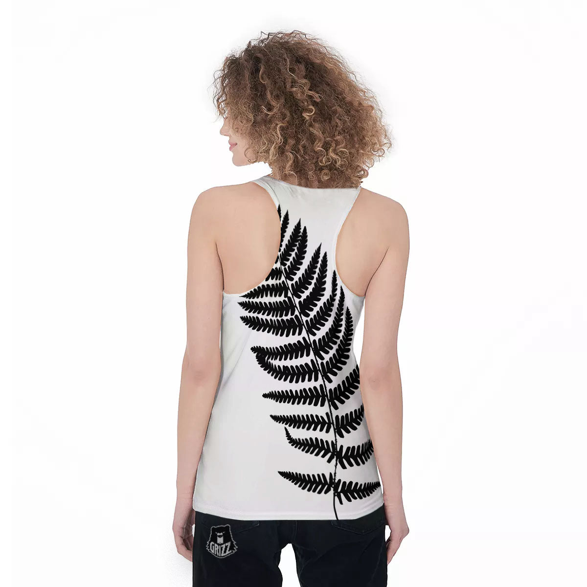 Fern Leaf White And Black Print Women's Racerback Tank Top-grizzshop