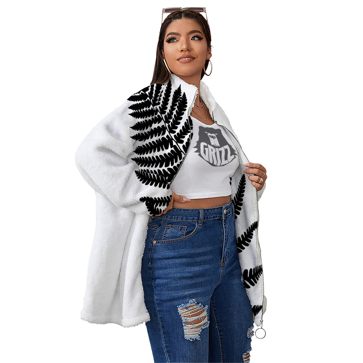 Fern Leaf White And Black Print Women's Sherpa Jacket-grizzshop