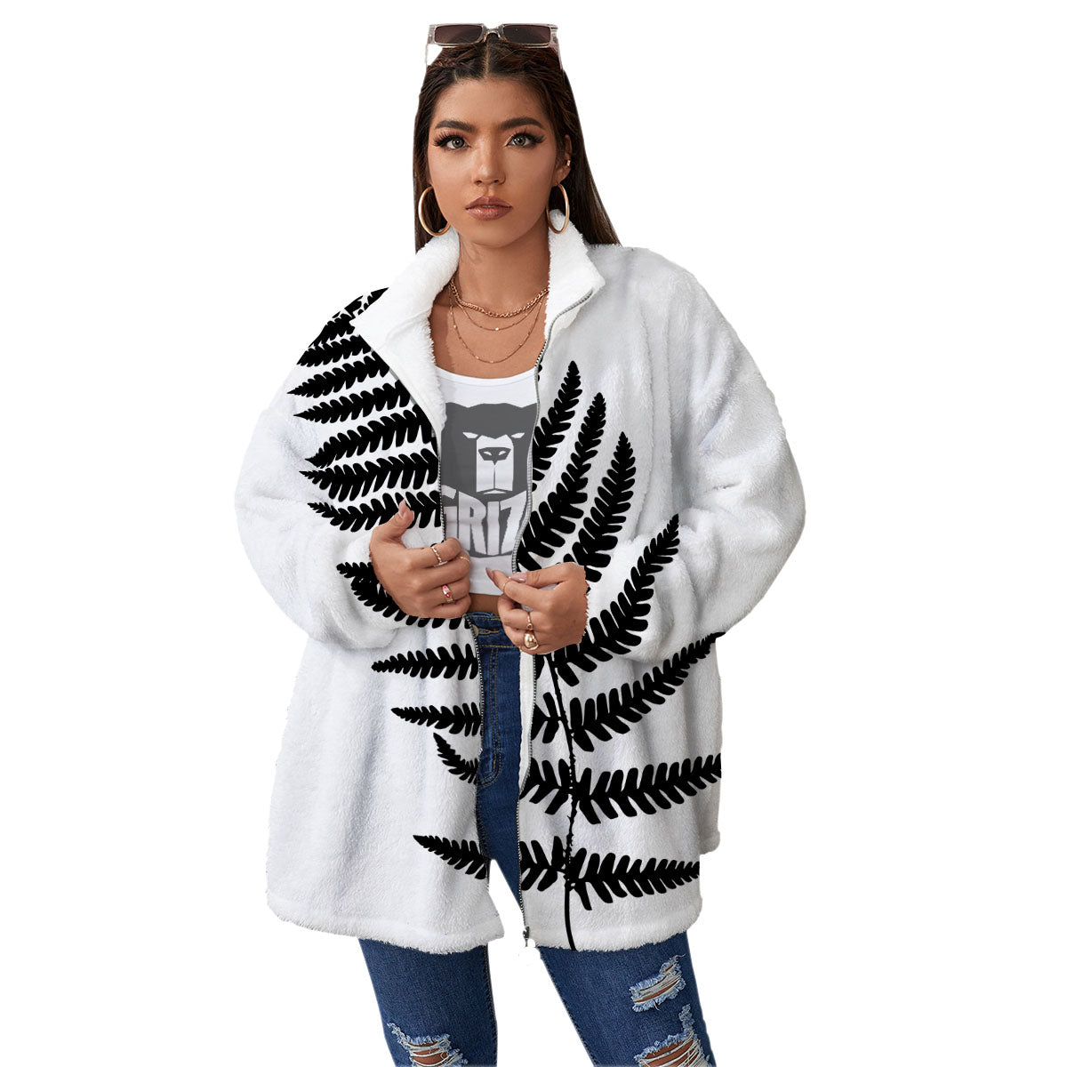 Fern Leaf White And Black Print Women's Sherpa Jacket-grizzshop