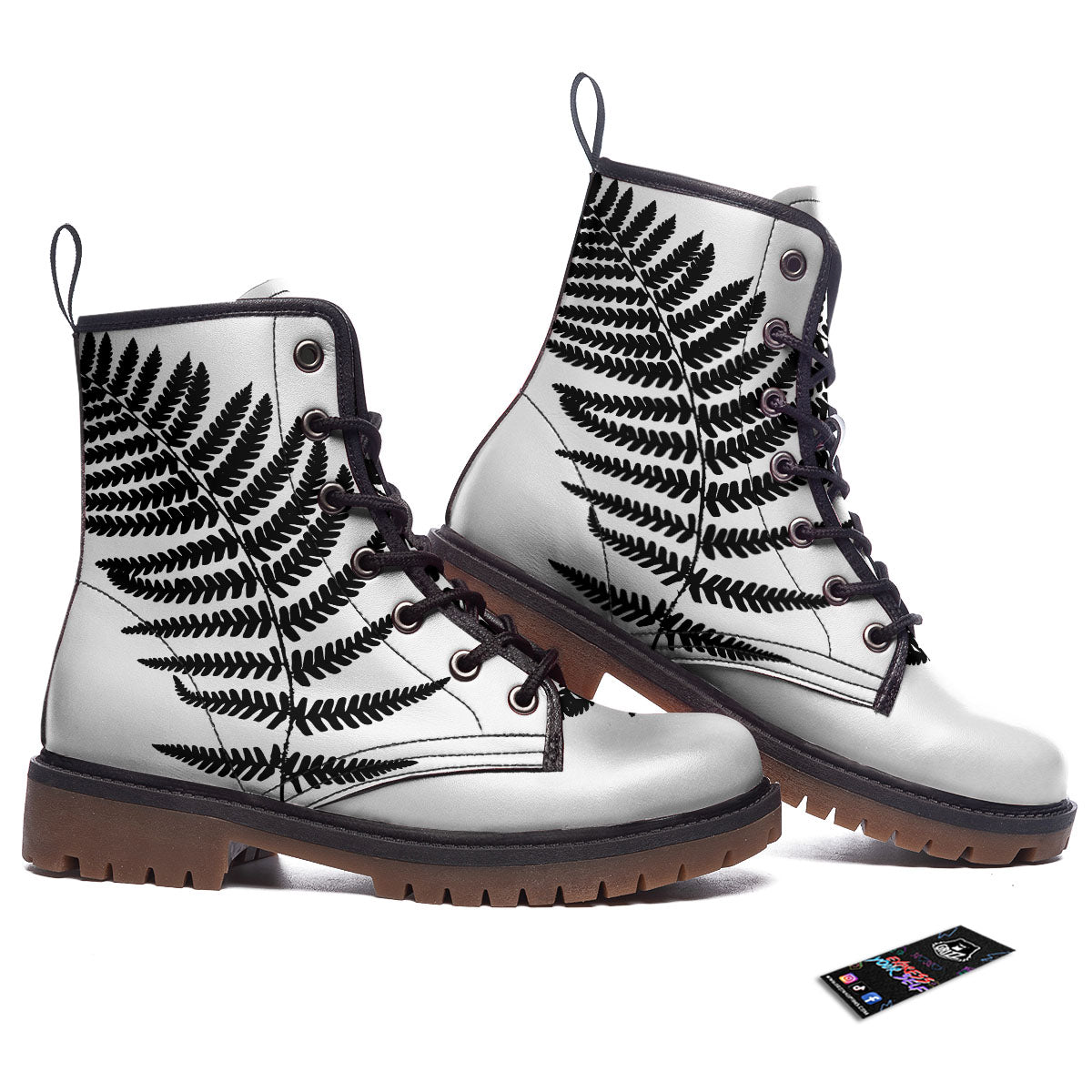 Fern Leaf White And Black Print Work Boots-grizzshop