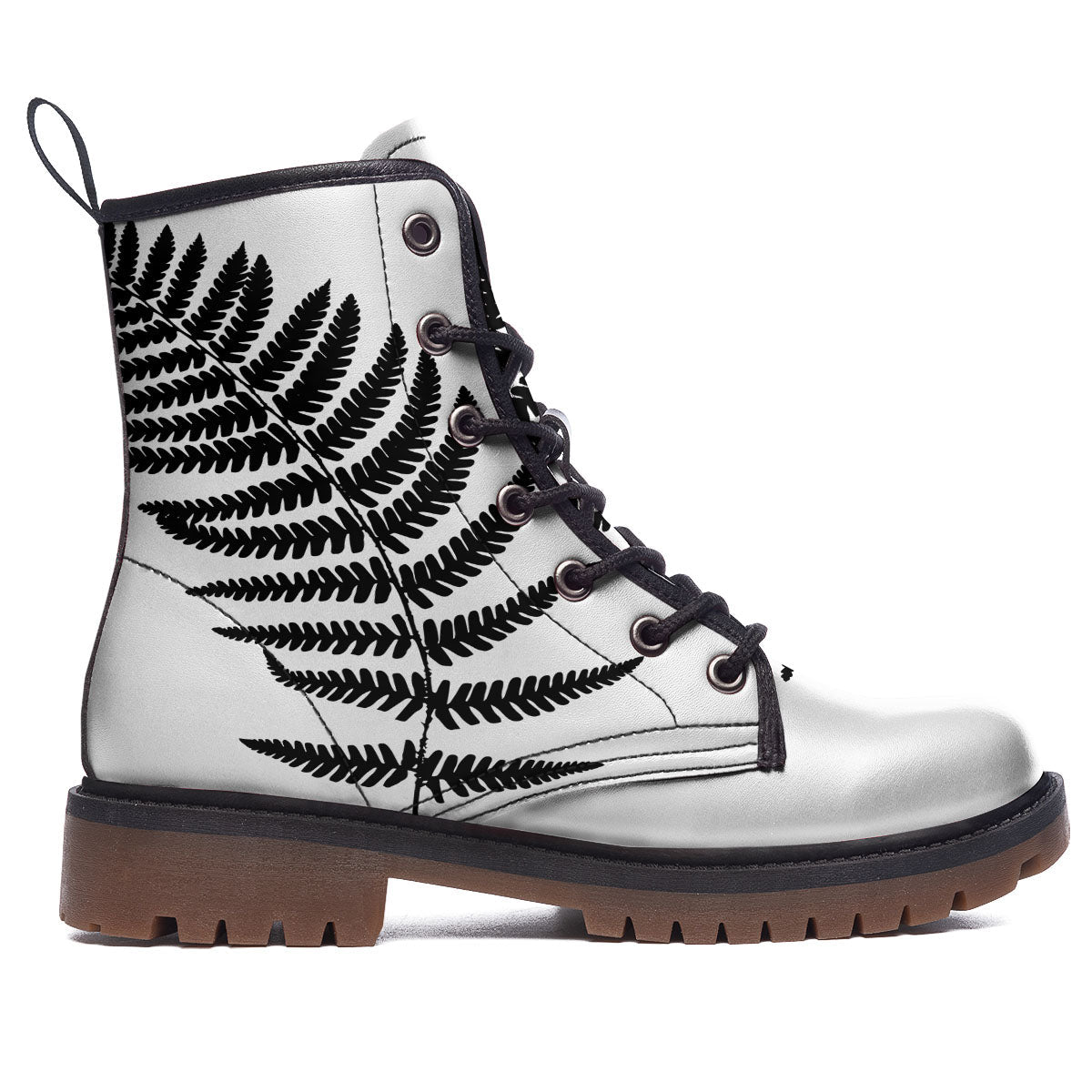 Fern Leaf White And Black Print Work Boots-grizzshop