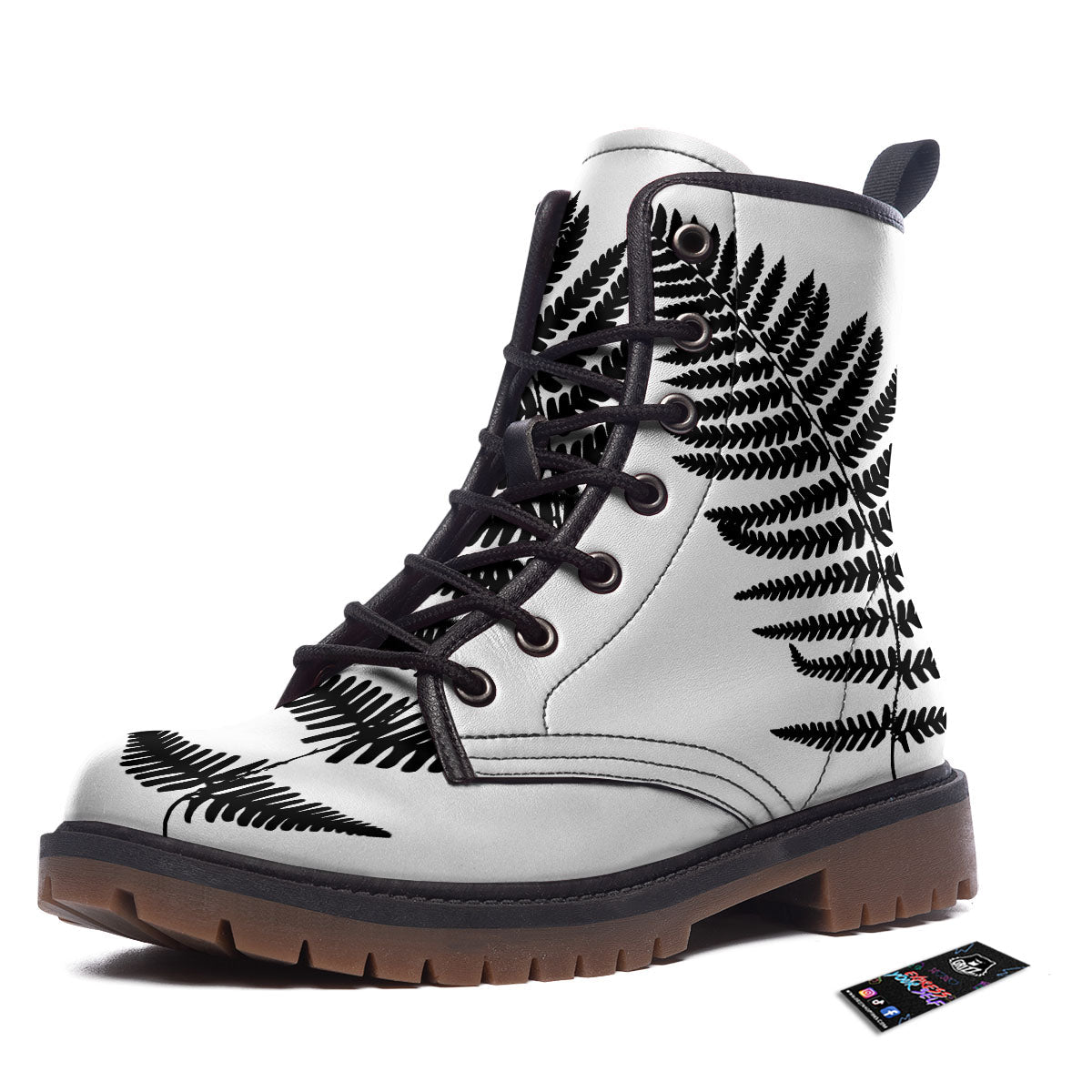 Fern Leaf White And Black Print Work Boots-grizzshop