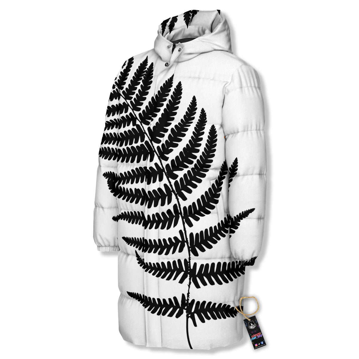 Fern Leaf White And Black Print Long Down Jacket