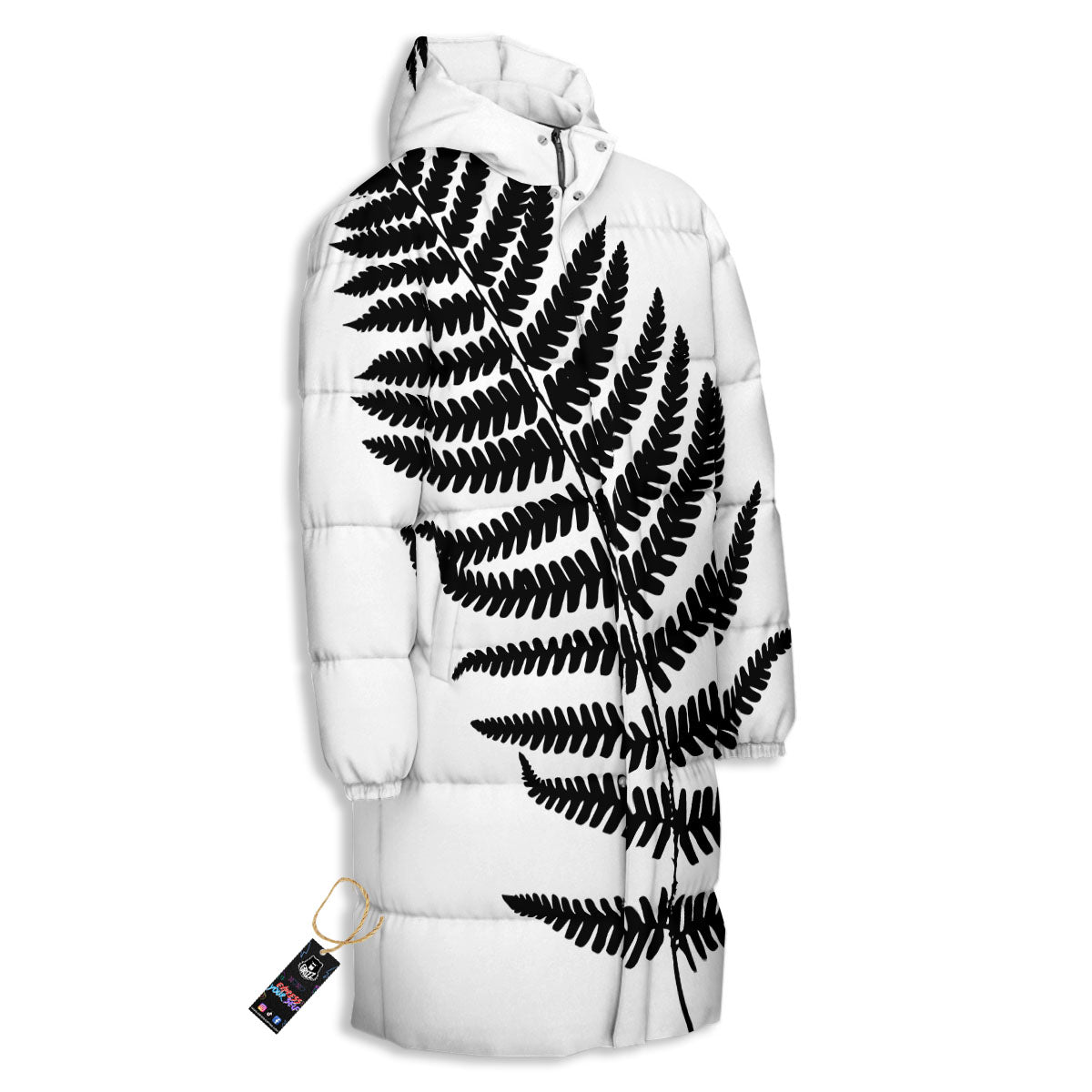 Fern Leaf White And Black Print Long Down Jacket