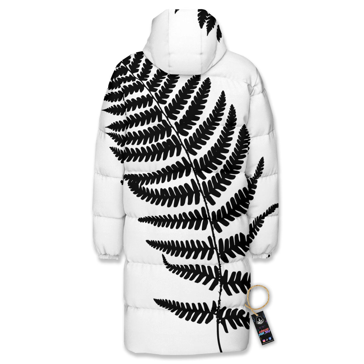 Fern Leaf White And Black Print Long Down Jacket