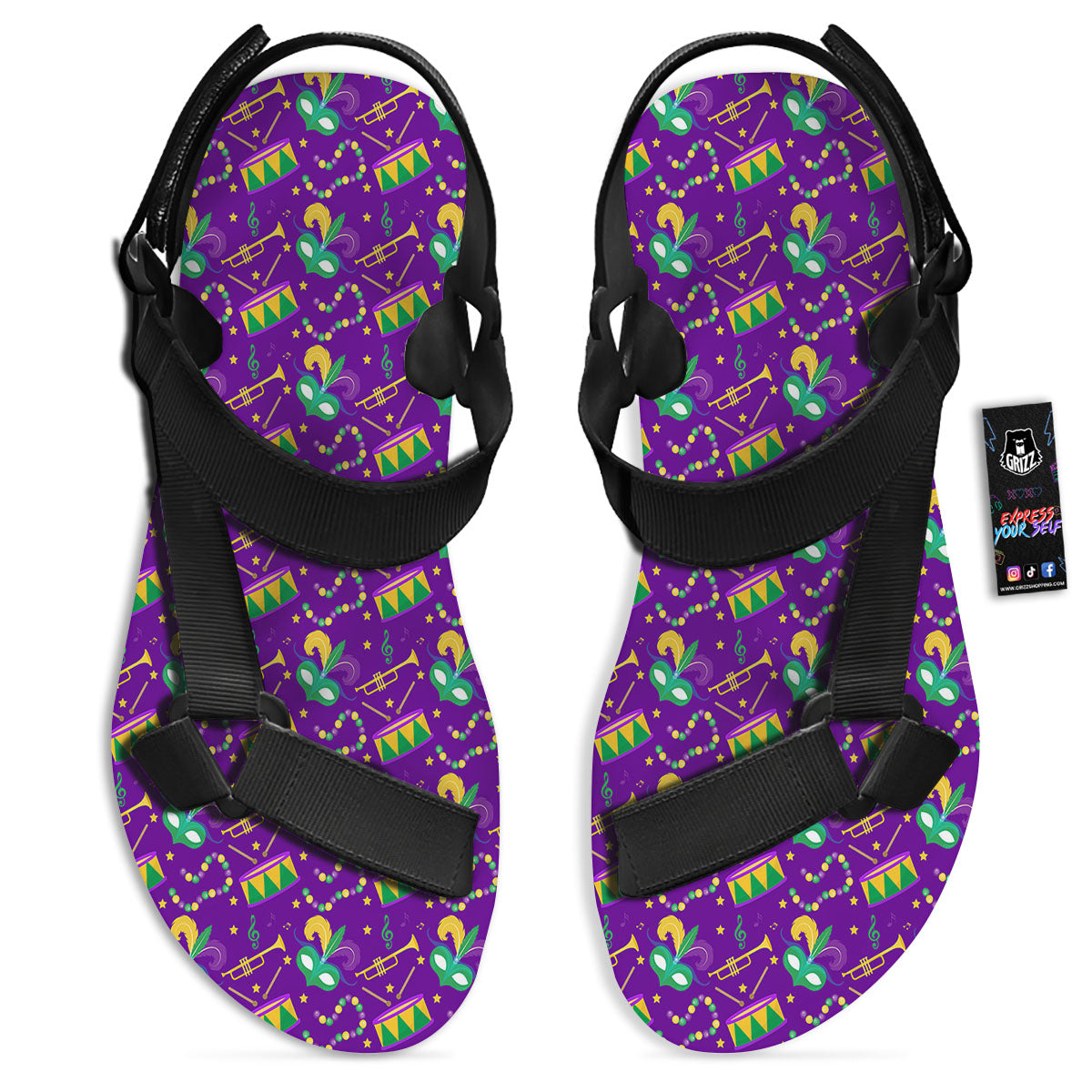 Festival Mardi Gras Print Pattern Black Open Toe Sandals-grizzshop