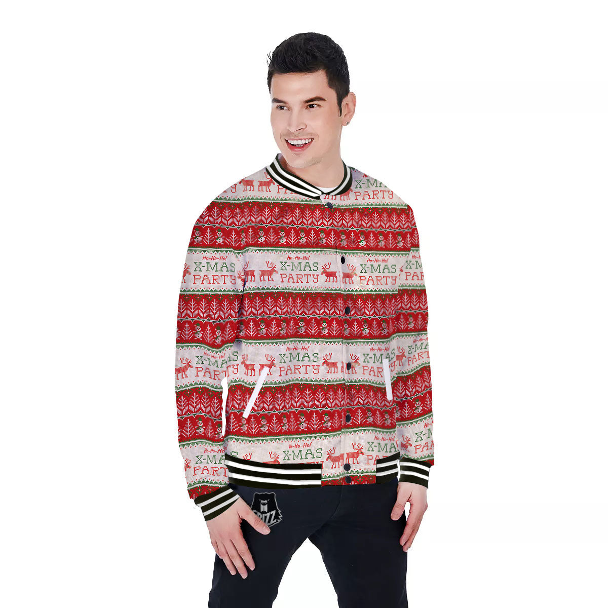 Festive Christmas Knitted Print Pattern Baseball Jacket-grizzshop