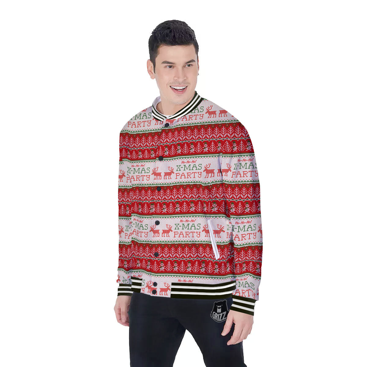 Festive Christmas Knitted Print Pattern Baseball Jacket-grizzshop