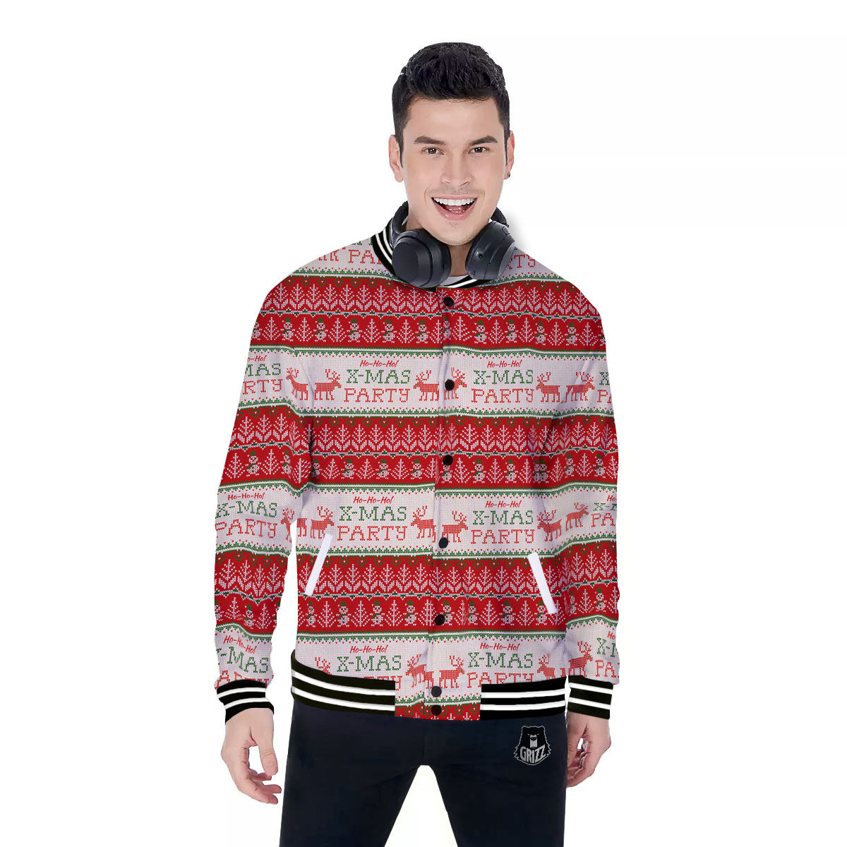 Festive Christmas Knitted Print Pattern Baseball Jacket-grizzshop