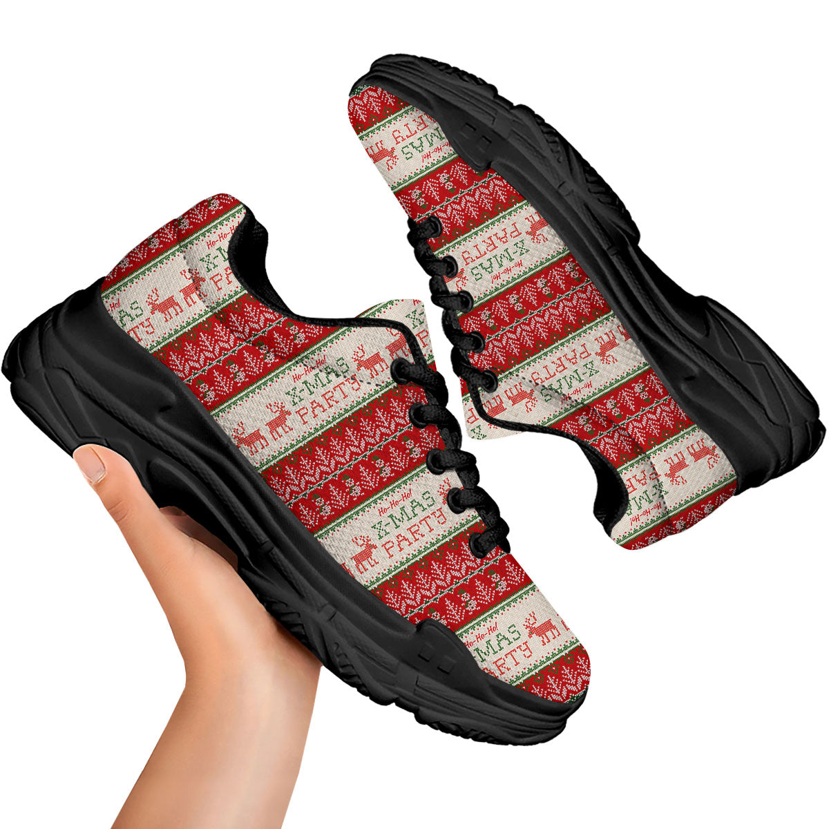 Festive Christmas Knitted Print Pattern Black Chunky Shoes-grizzshop