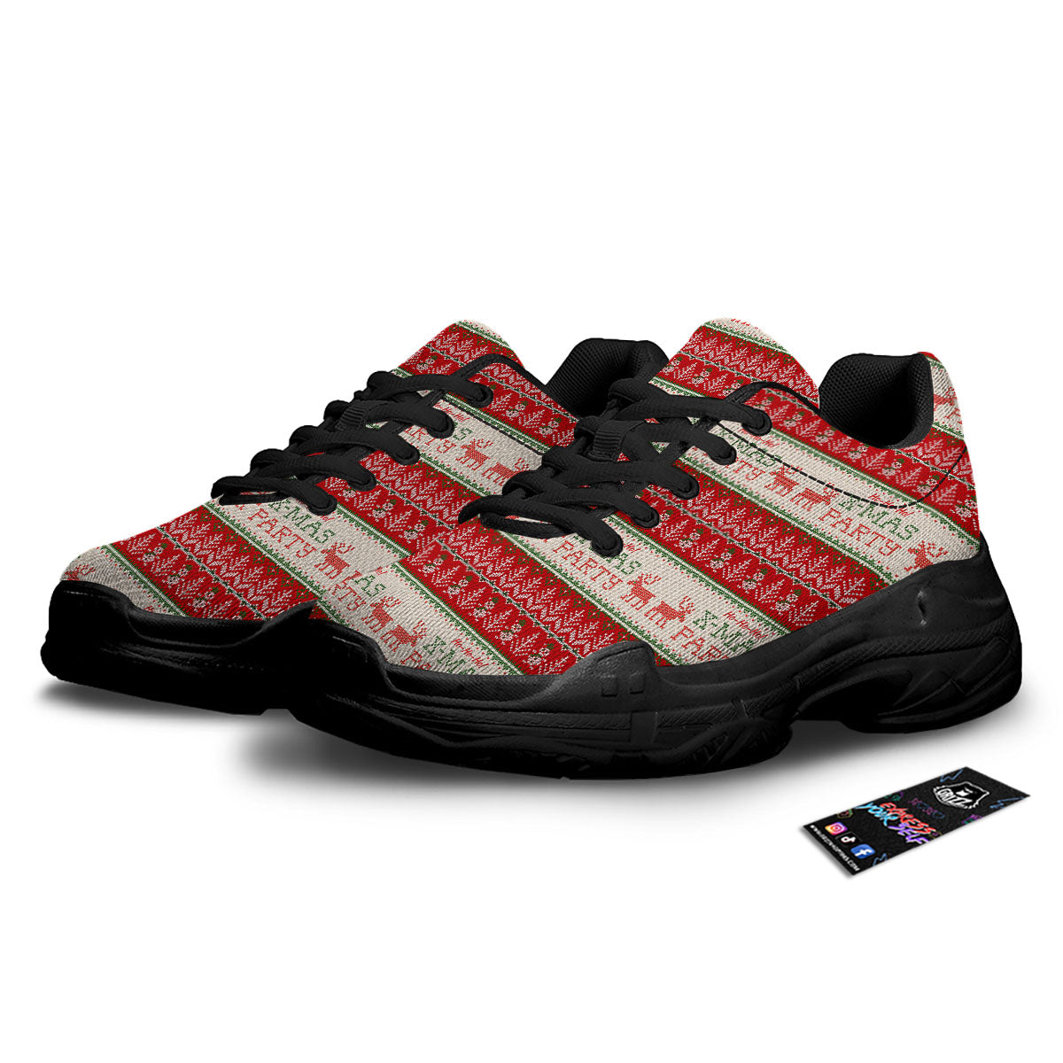 Festive Christmas Knitted Print Pattern Black Chunky Shoes-grizzshop