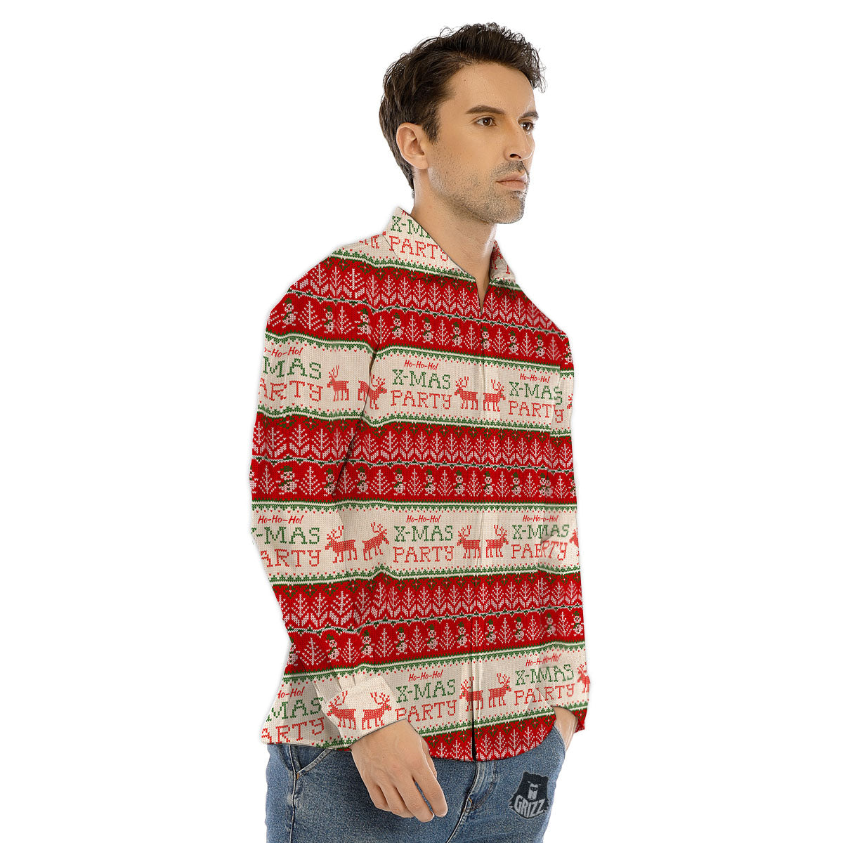 Festive Christmas Knitted Print Pattern Men's Dress Shirts-grizzshop