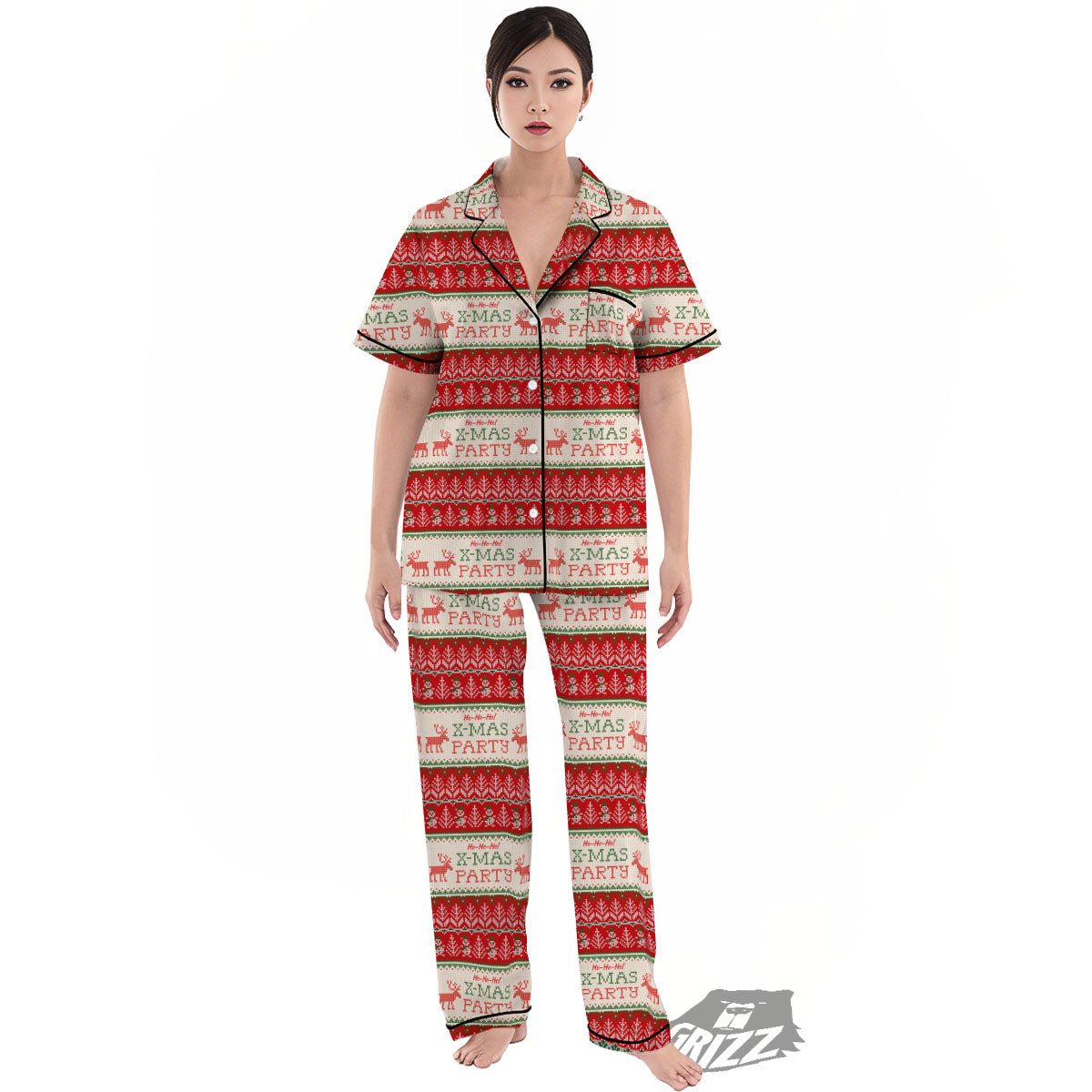 Festive Christmas Knitted Print Pattern Women's Pajamas Set-grizzshop