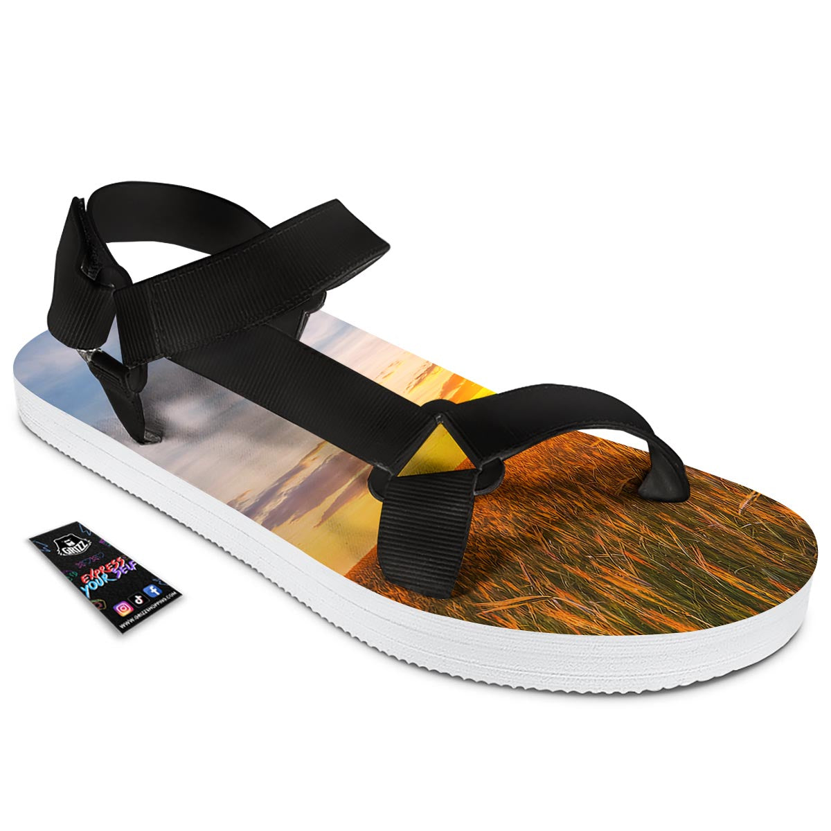 Field Sunrise Print Black Open Toe Sandals-grizzshop