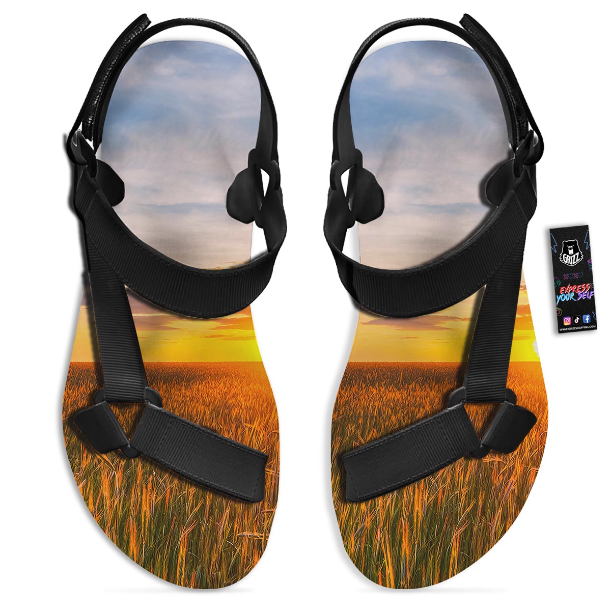 Field Sunrise Print Black Open Toe Sandals-grizzshop