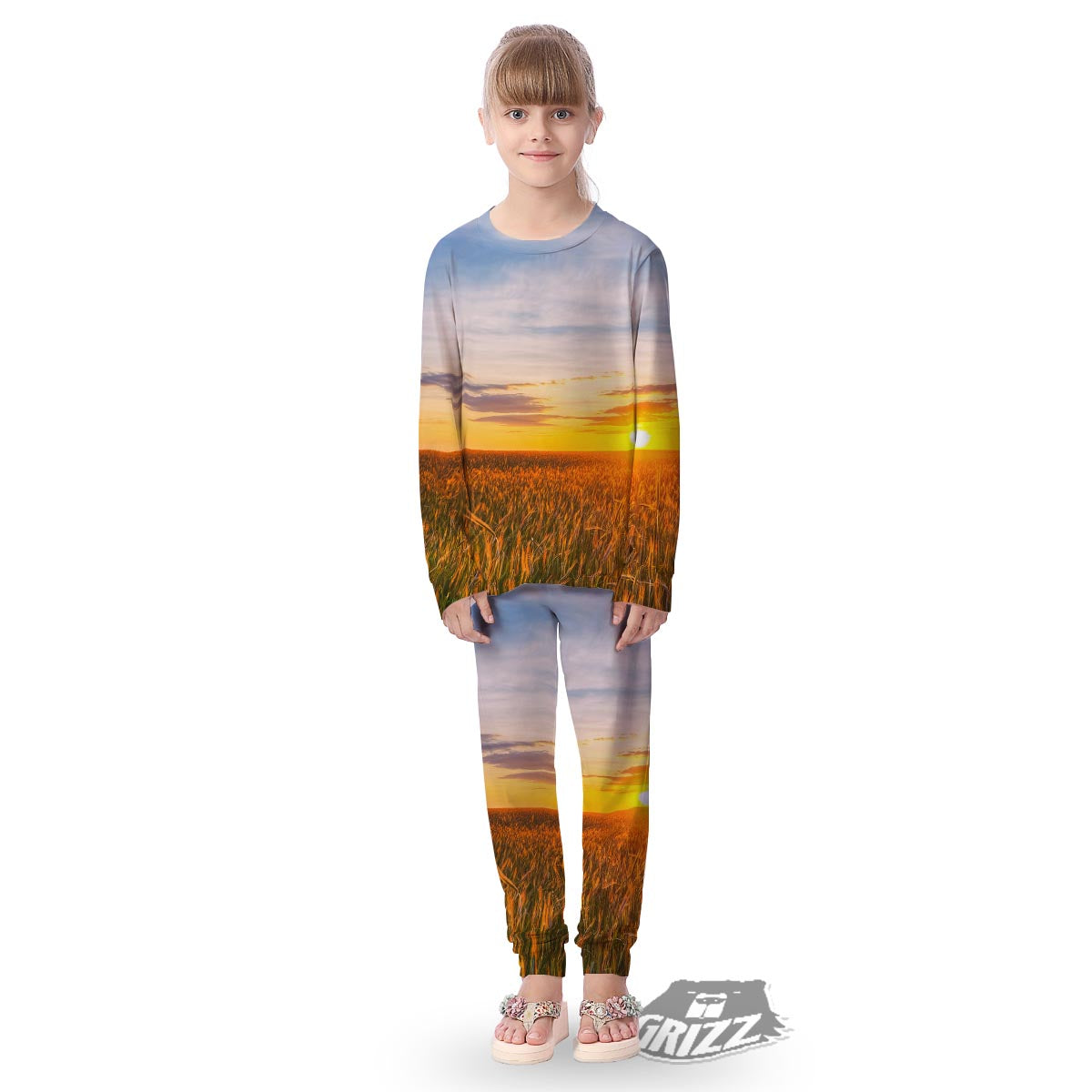 Field Sunrise Print Kid's Pajamas-grizzshop