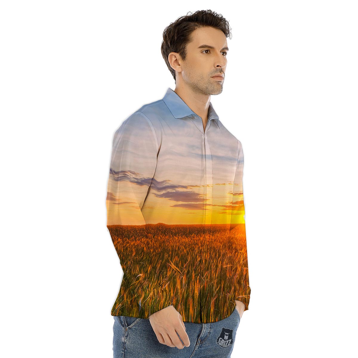 Field Sunrise Print Men's Dress Shirts-grizzshop