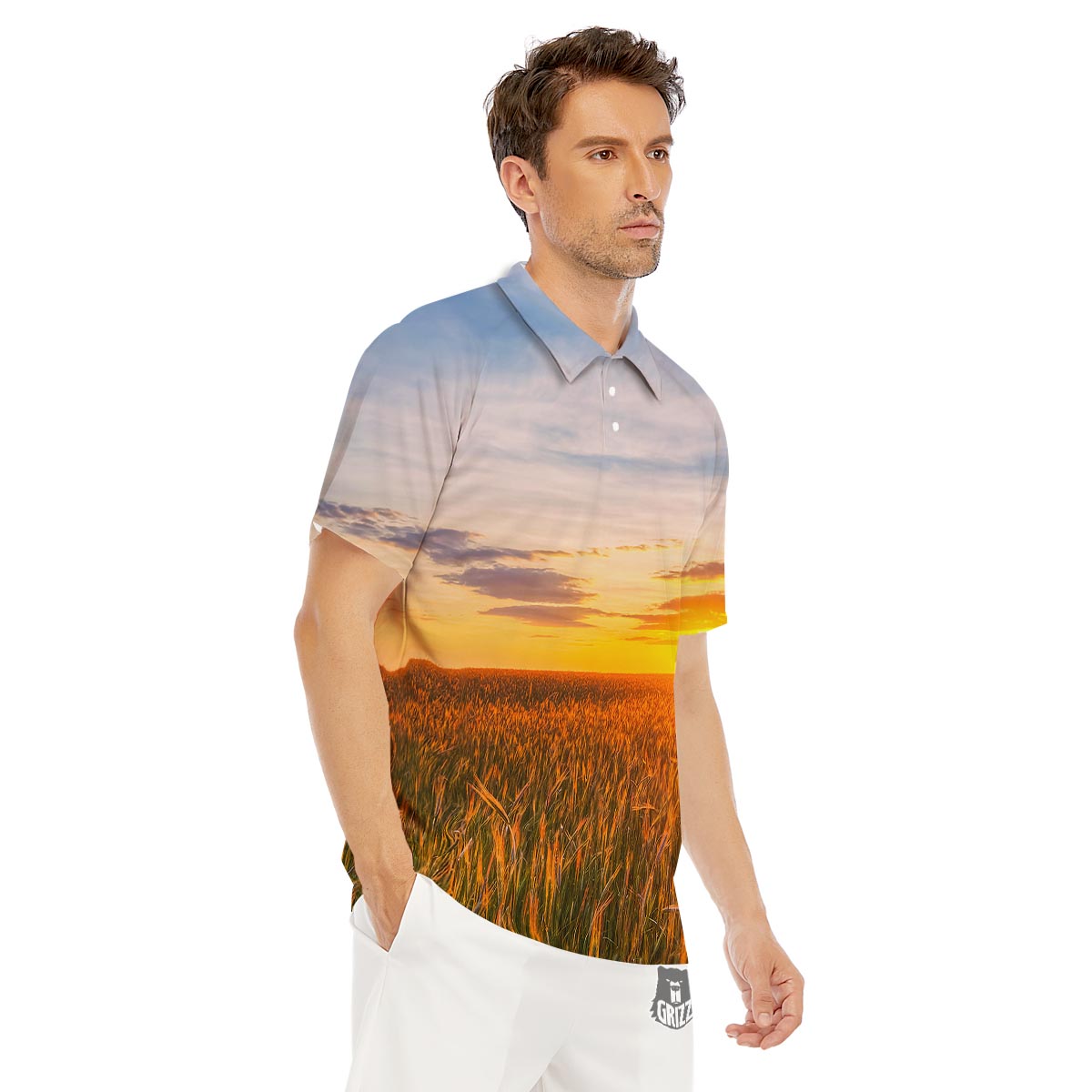 Field Sunrise Print Men's Golf Shirts-grizzshop