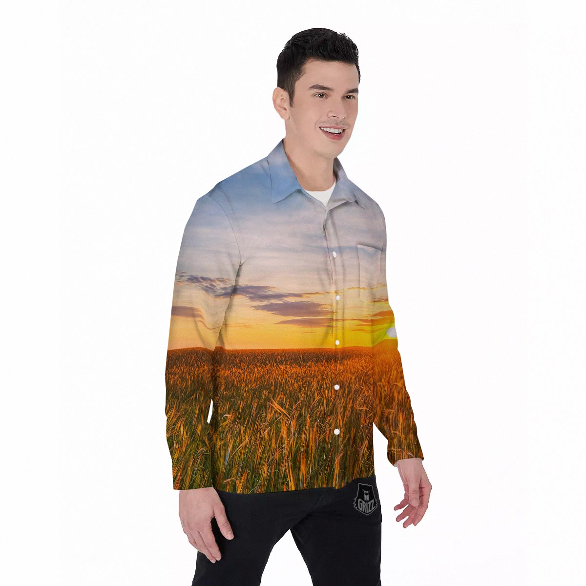 Field Sunrise Print Men's Long Sleeve Shirts-grizzshop