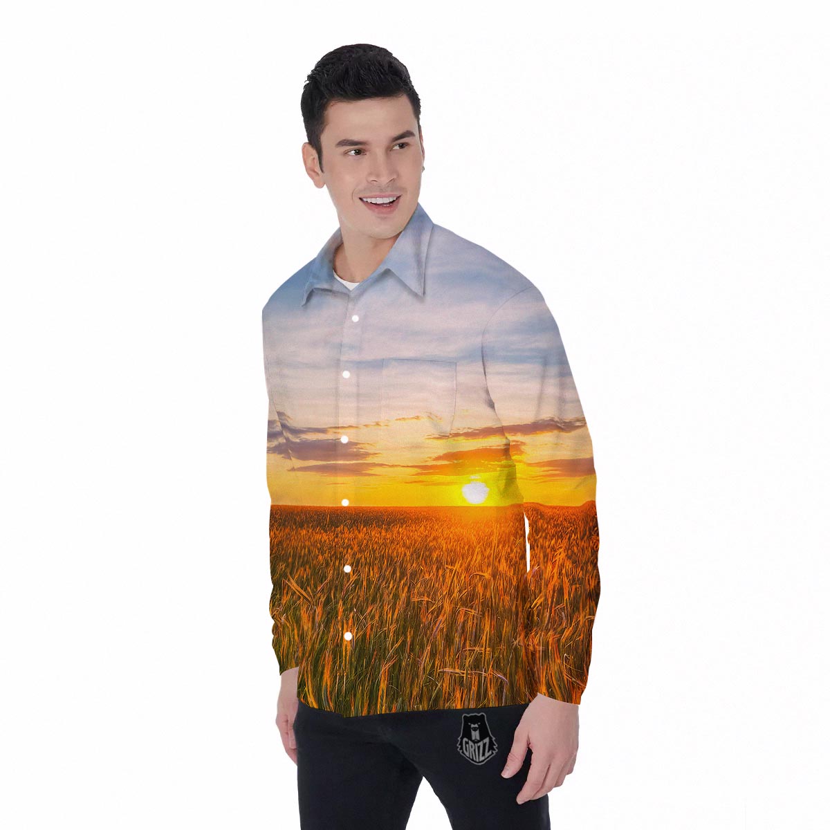Field Sunrise Print Men's Long Sleeve Shirts-grizzshop