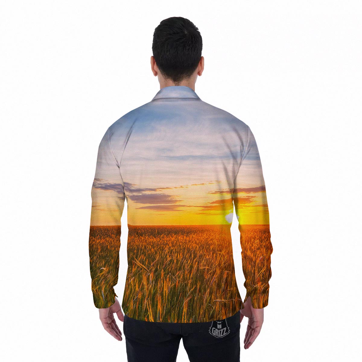 Field Sunrise Print Men's Long Sleeve Shirts-grizzshop