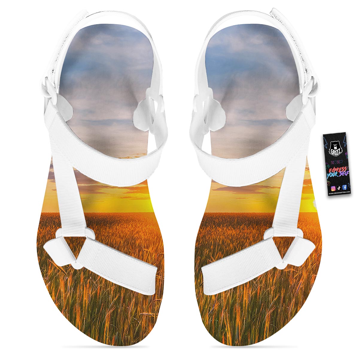 Field Sunrise Print White Open Toe Sandals-grizzshop