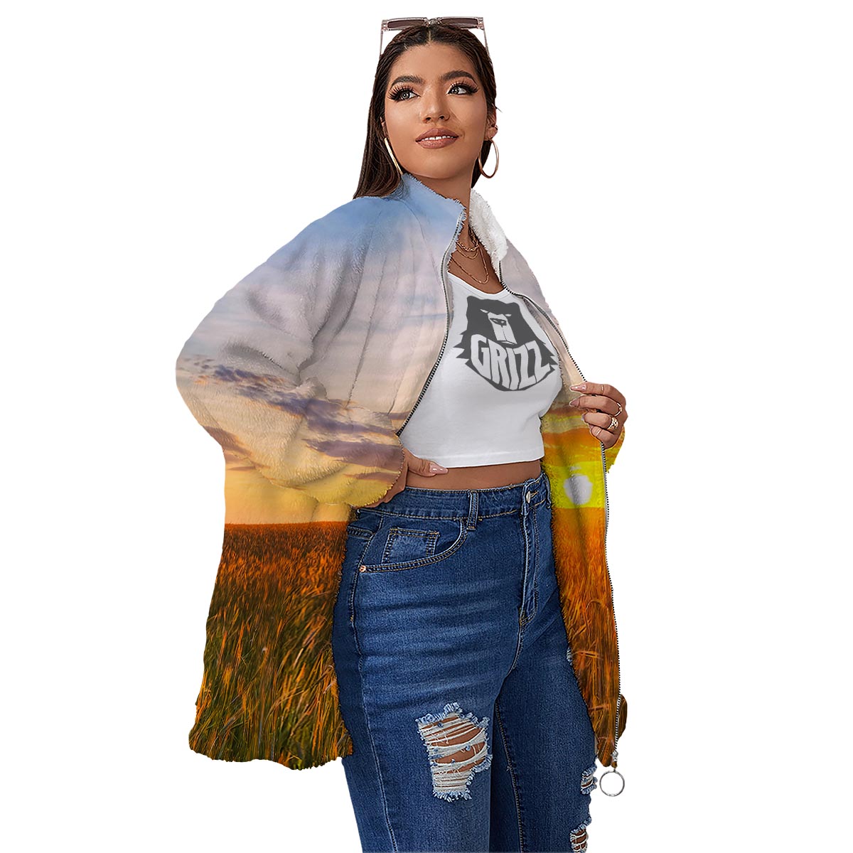 Field Sunrise Print Women's Sherpa Jacket-grizzshop