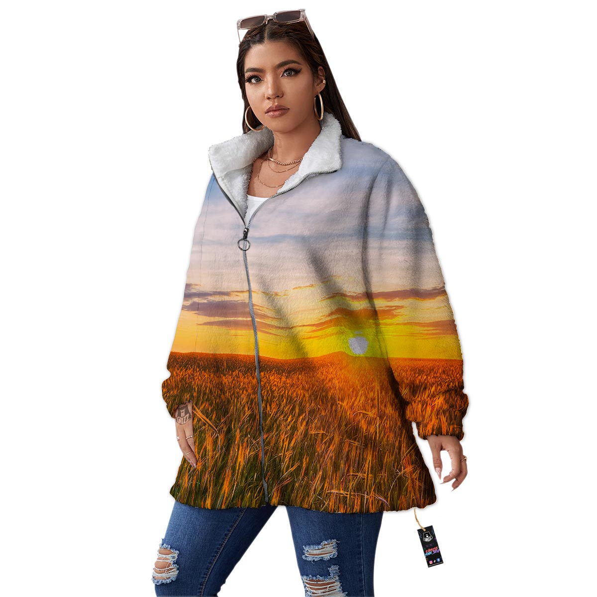 Field Sunrise Print Women's Sherpa Jacket-grizzshop