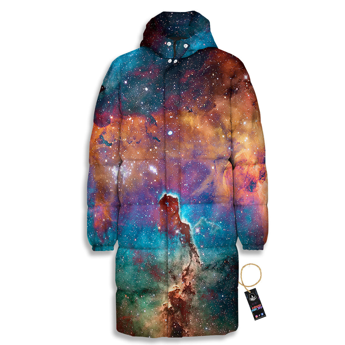 Fiery Universe Nebula Galaxy Space Print Long Down Jacket-grizzshop