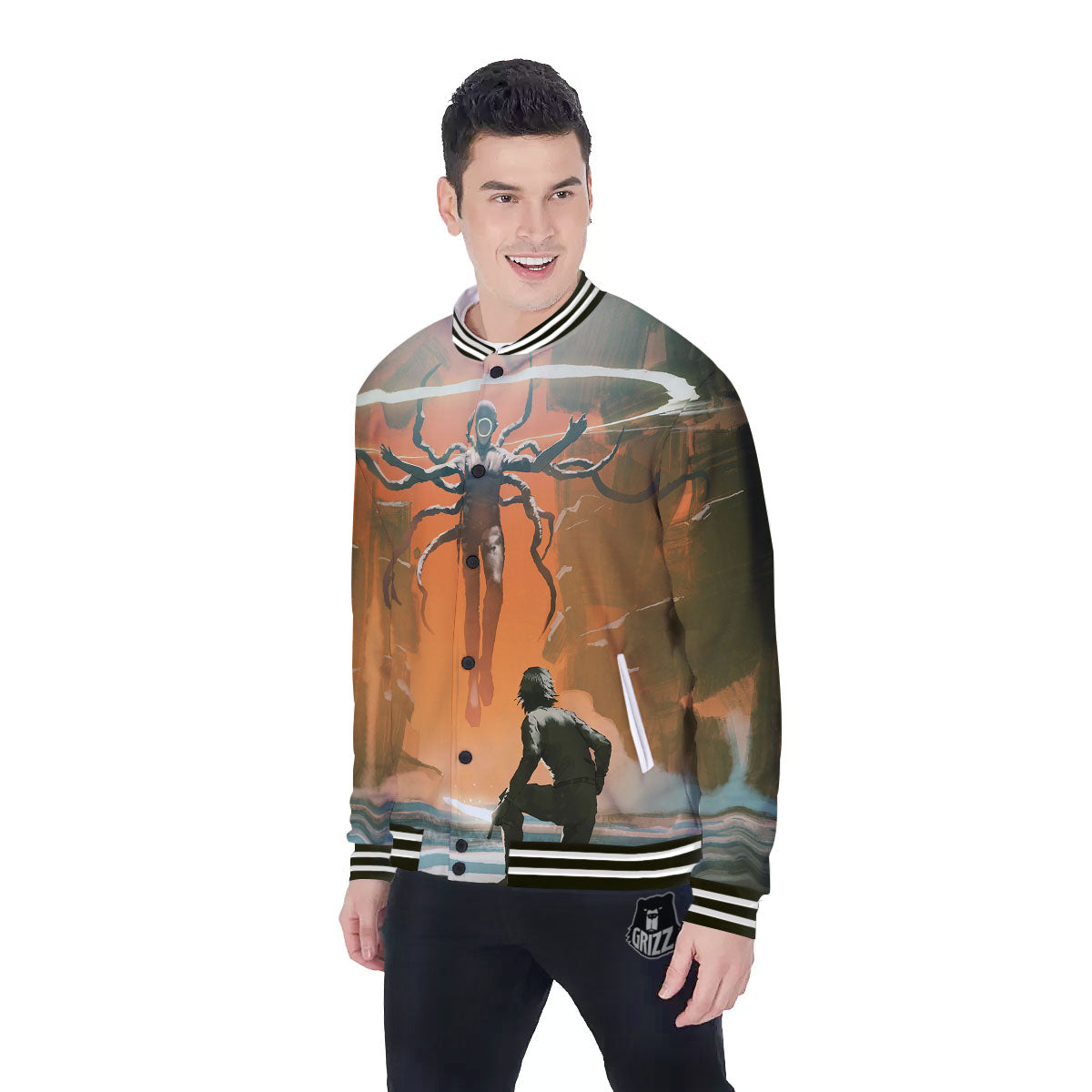 Fight With Alien Print Baseball Jacket-grizzshop