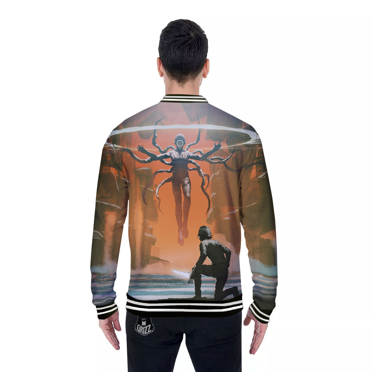 Fight With Alien Print Baseball Jacket-grizzshop