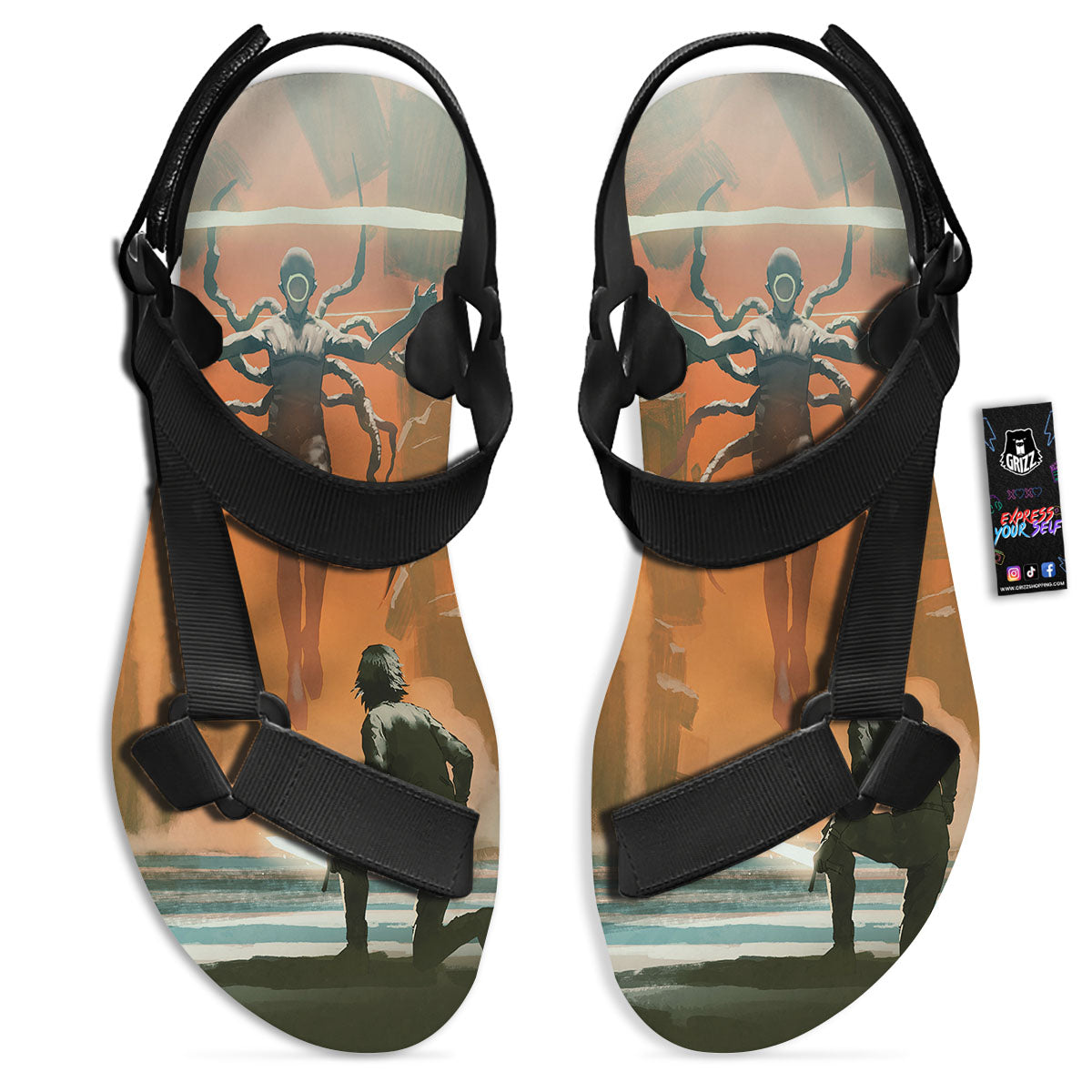Fight With Alien Print Black Open Toe Sandals-grizzshop