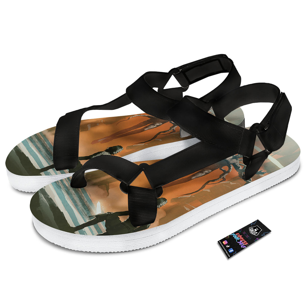 Fight With Alien Print Black Open Toe Sandals-grizzshop
