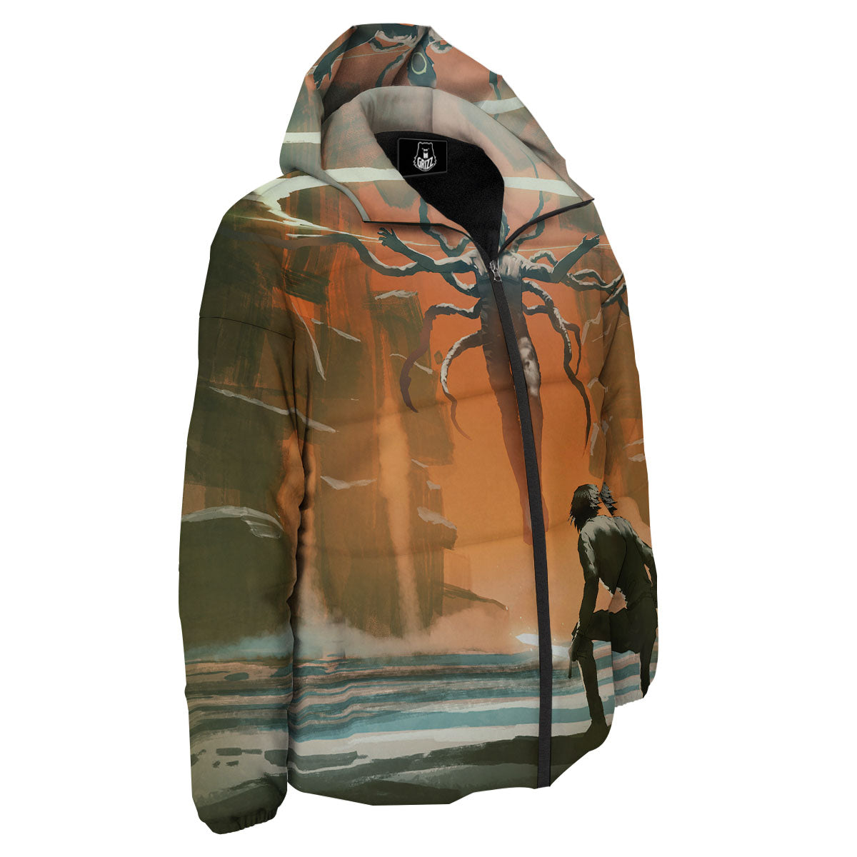 Fight With Alien Print Down Jacket-grizzshop