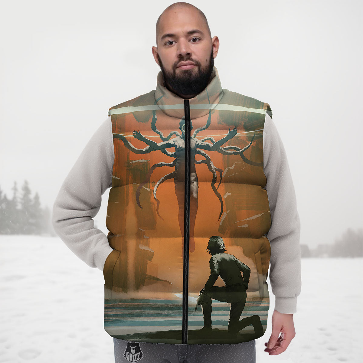 Fight With Alien Print Down Vest-grizzshop