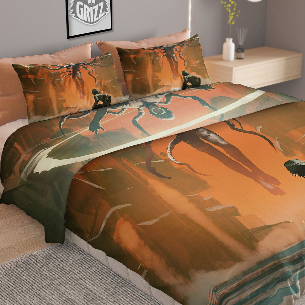 Fight With Alien Print Duvet Cover Bedding Set