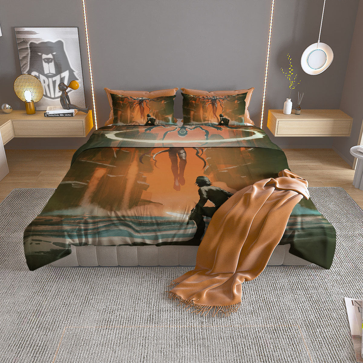 Fight With Alien Print Duvet Cover Bedding Set