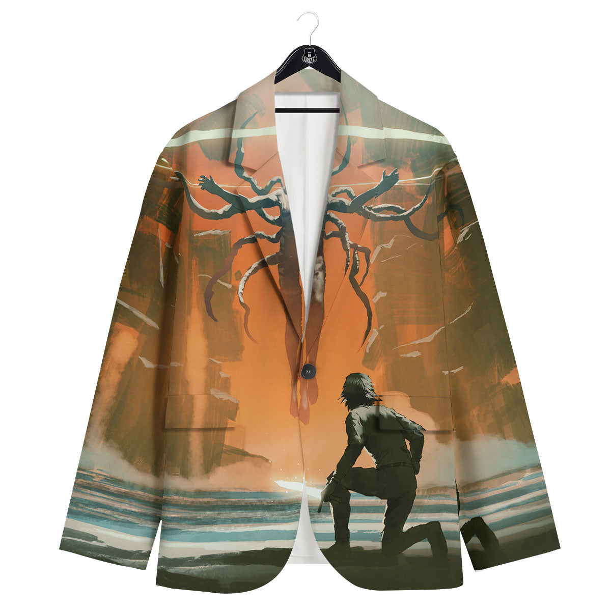 Fight With Alien Print Men's Sport Coat-grizzshop