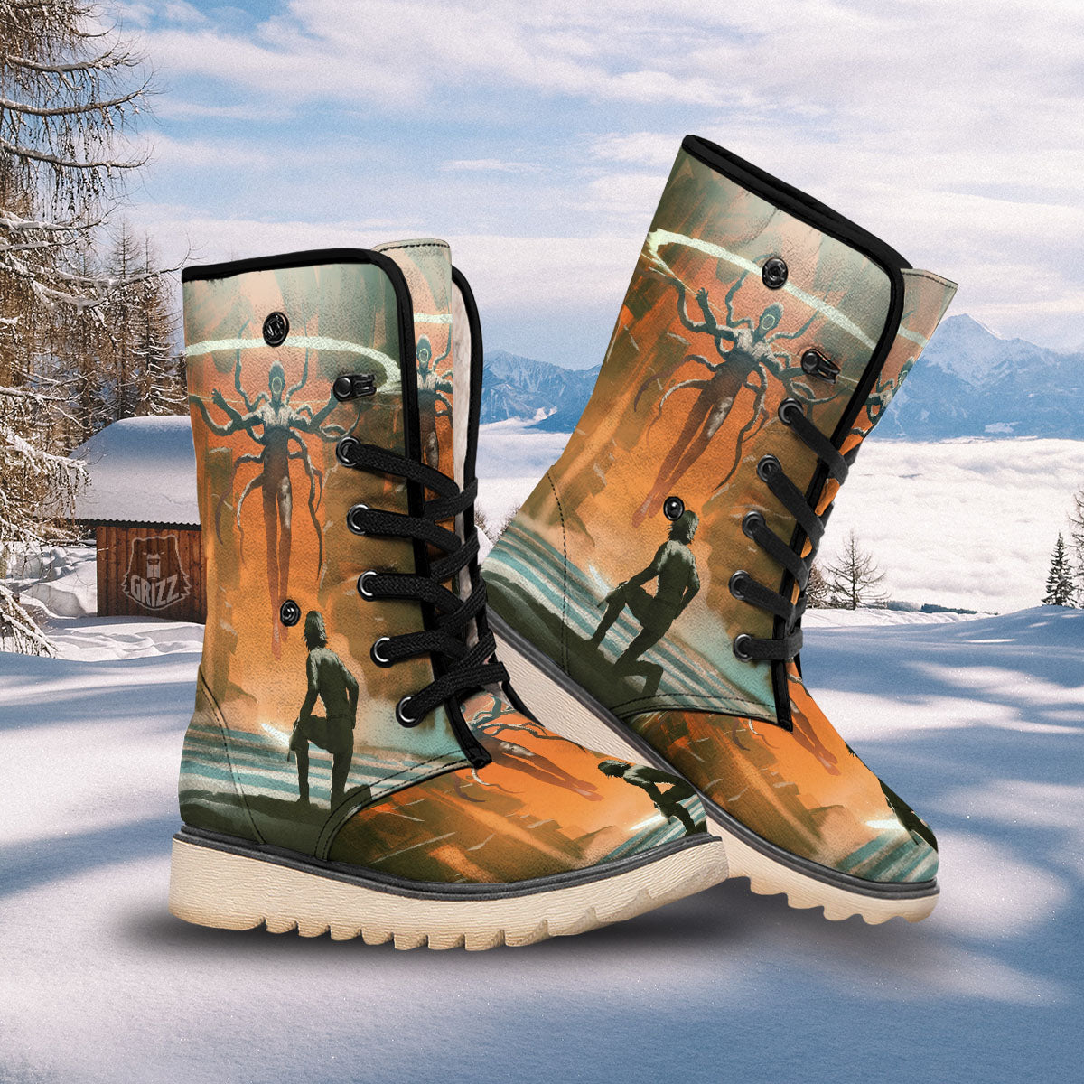 Fight With Alien Print Snow Boots-grizzshop