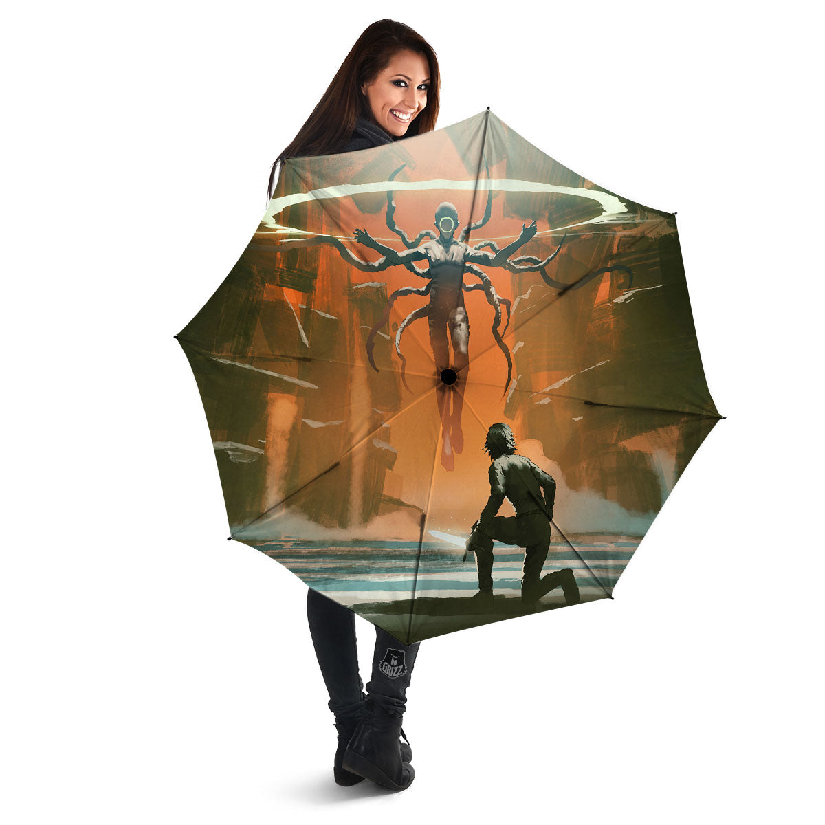 Fight With Alien Print Umbrella-grizzshop