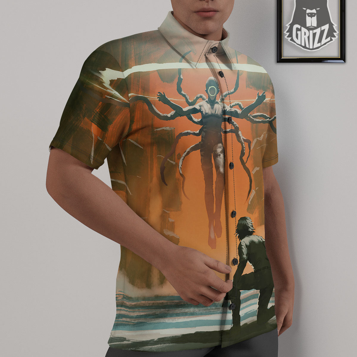 Fight With Alien Print Untucked Shirts-grizzshop