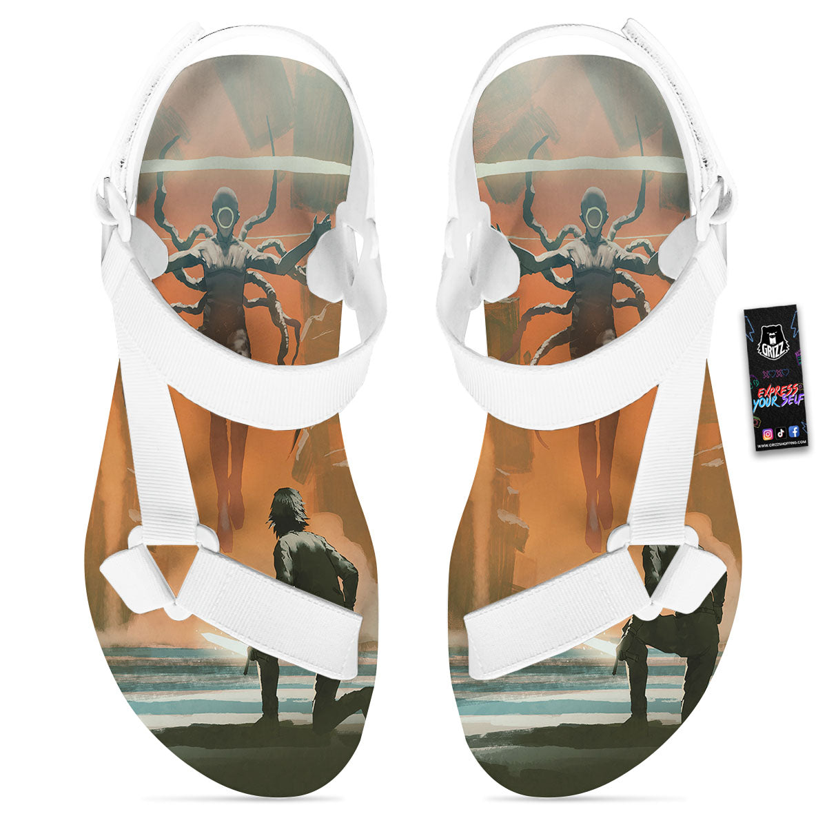 Fight With Alien Print White Open Toe Sandals-grizzshop