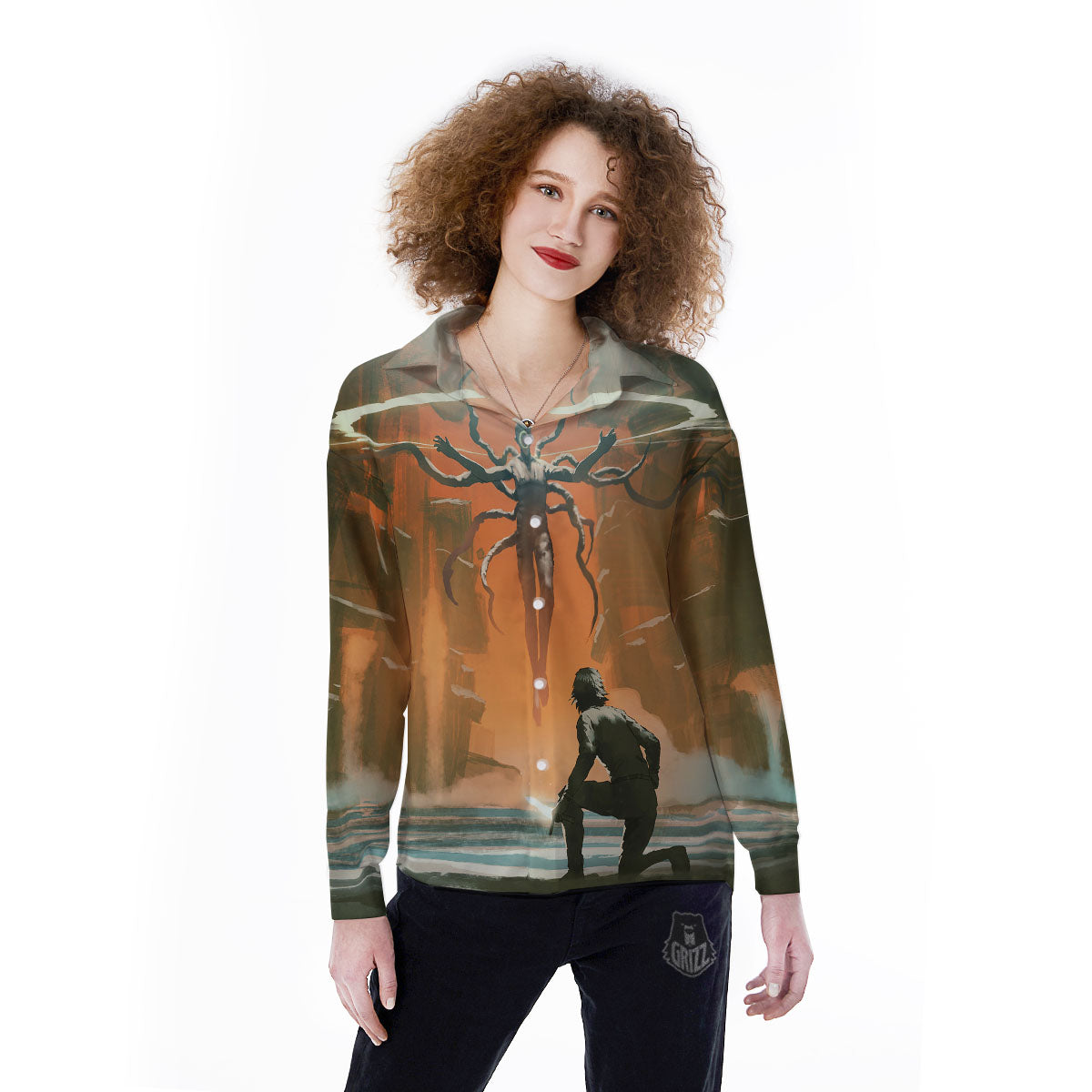 Fight With Alien Print Women's Long Sleeve Shirts-grizzshop