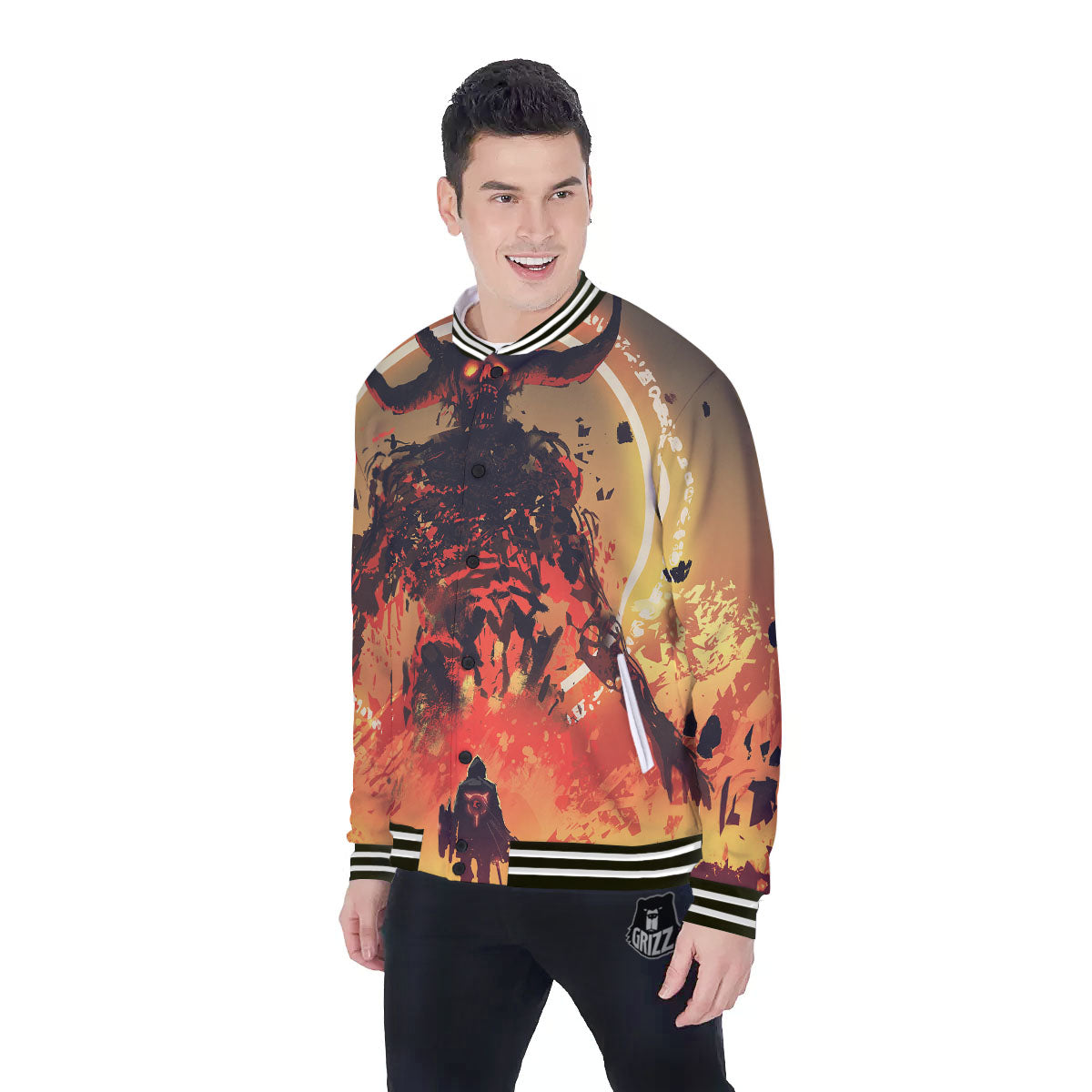 Fight With Demon Print Baseball Jacket-grizzshop