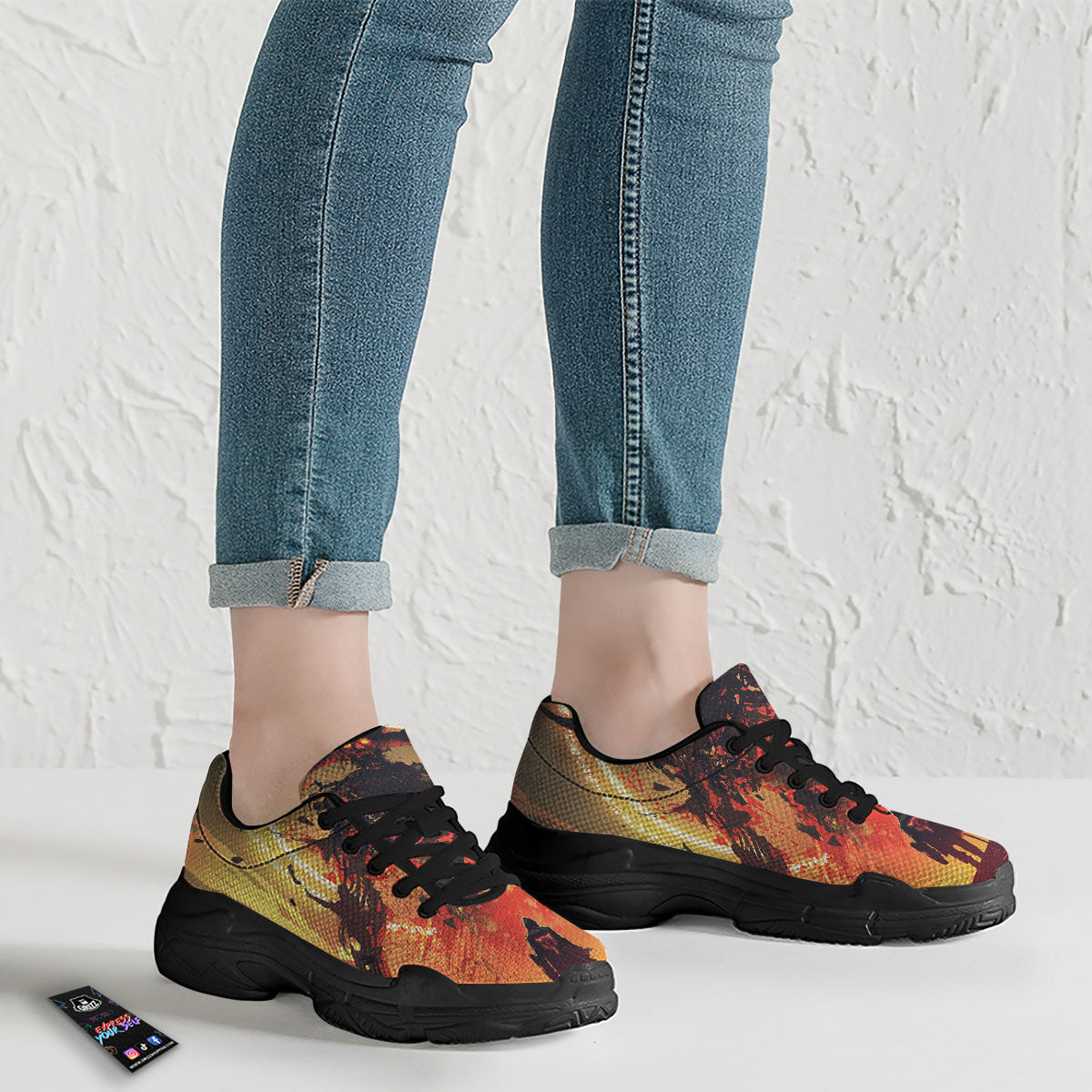 Fight With Demon Print Black Chunky Shoes-grizzshop