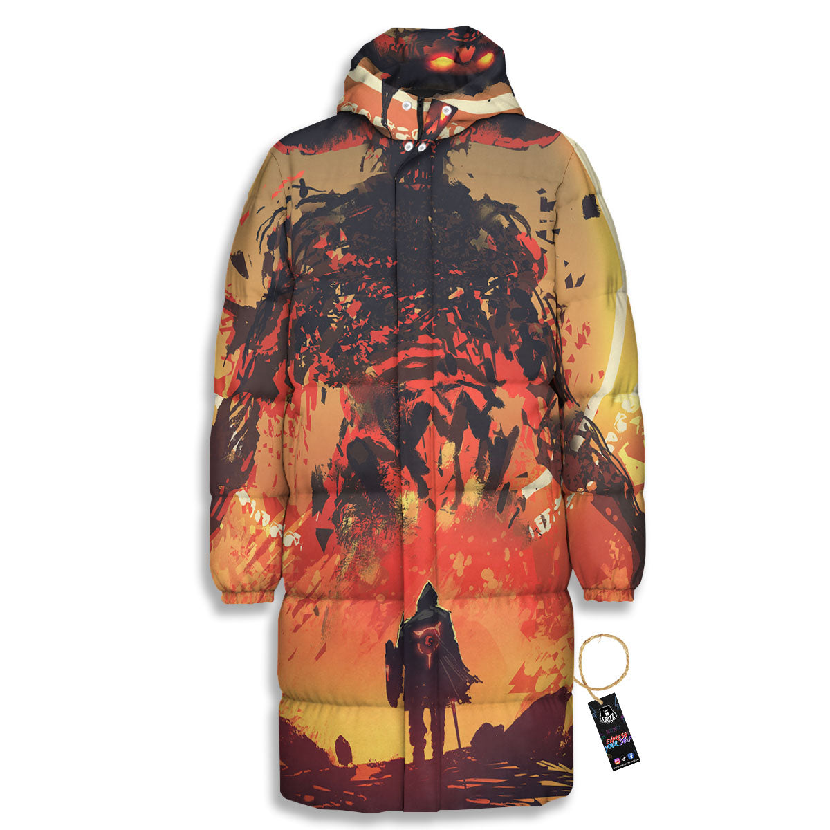 Fight With Demon Print Long Down Jacket-grizzshop