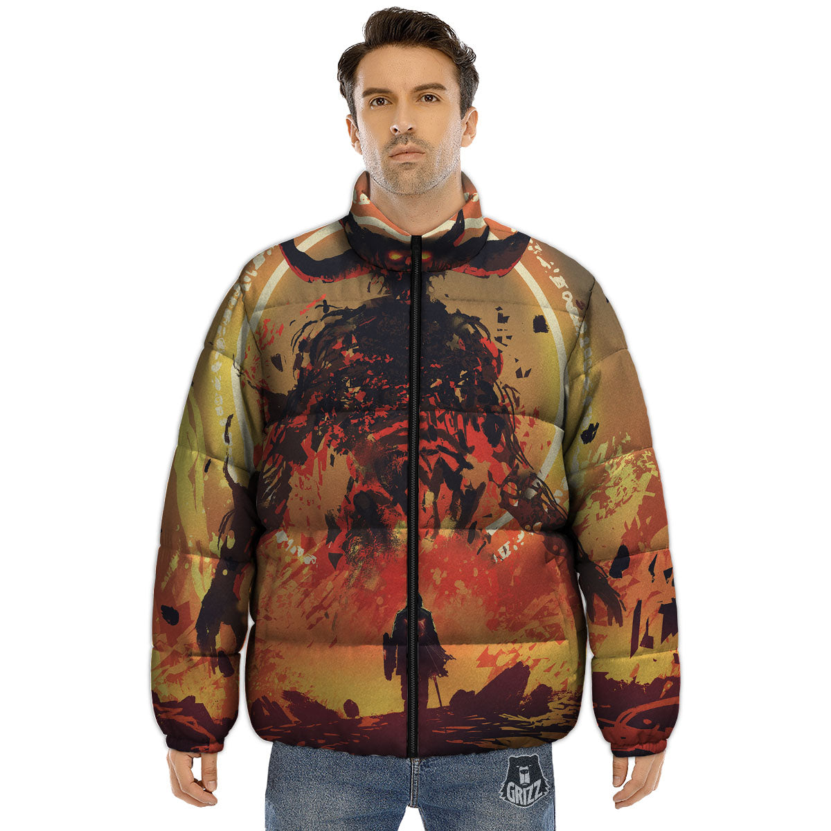 Fight With Demon Print Puffer Jacket-grizzshop